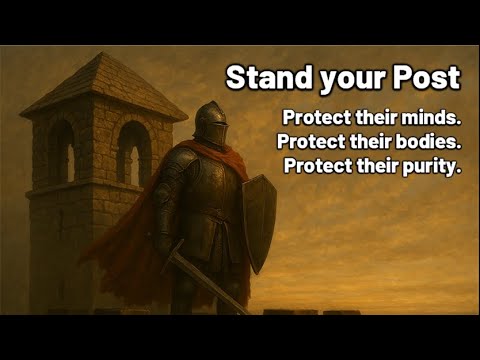 Medieval knight standing guard with a tower in the background, emphasizing protection and faith.