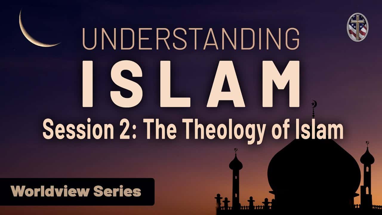 Pastors training session on Islam theology with mosque silhouette at sunset.
