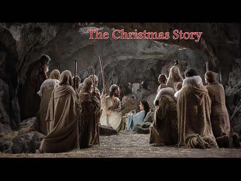 Nativity scene depicting Jesus' birth with Mary, Joseph, and shepherds in a cave setting.