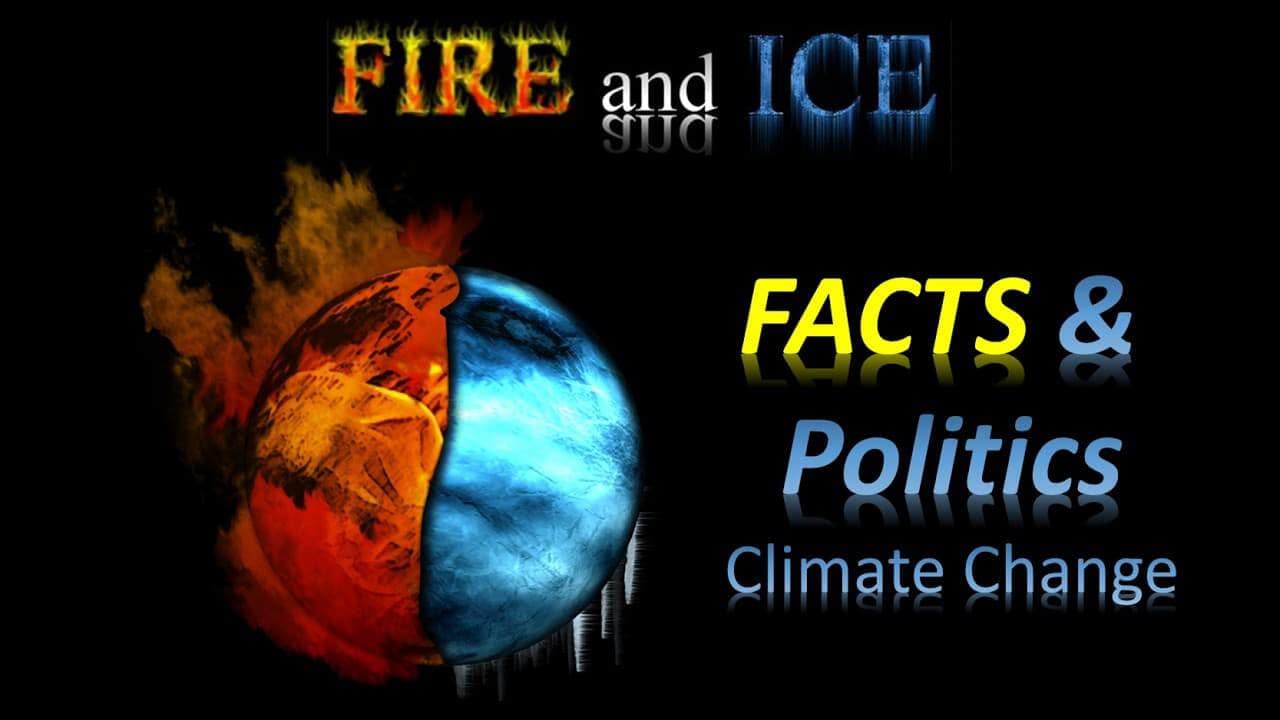 Illustration of fire and ice representing climate change debates and facts.