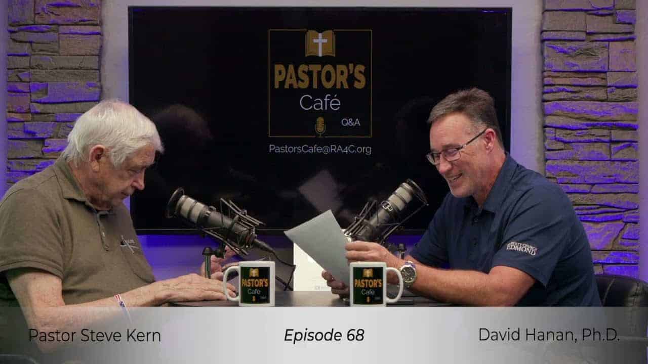 Pastors training session with two men discussing during a podcast recording.