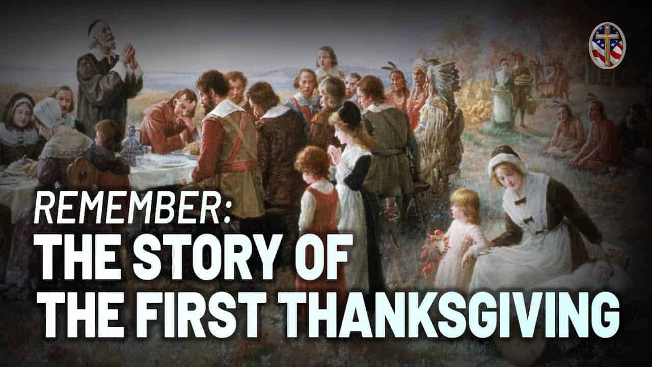 Pilgrims and Native Americans gather for the first Thanksgiving in Plymouth, 1621.
