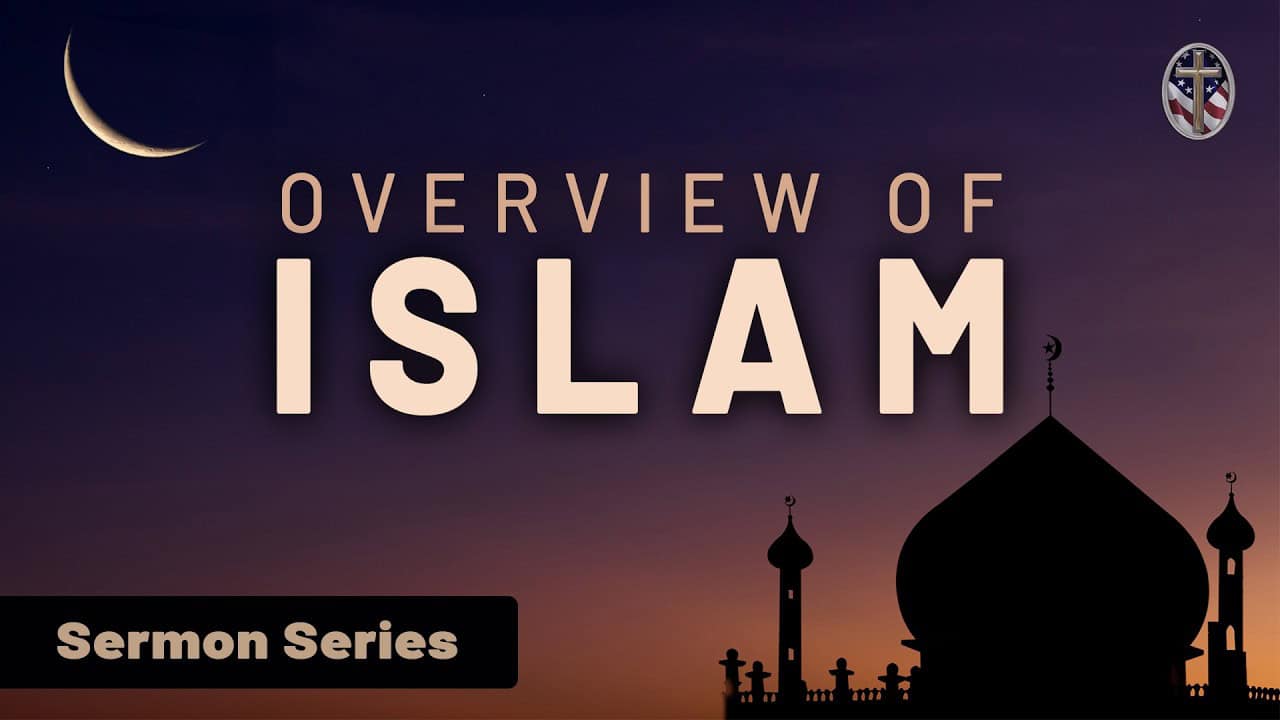 Overview of Islam with mosque silhouette and crescent moon at sunset.