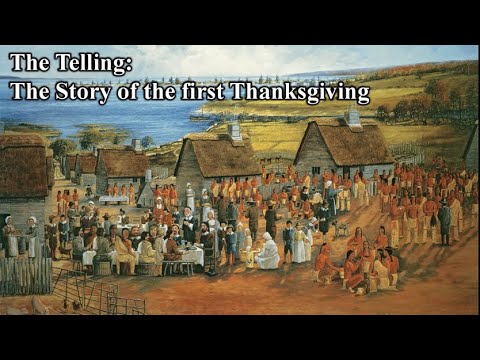 Historic depiction of the first Thanksgiving feast with Pilgrims and Native Americans in Plymouth.