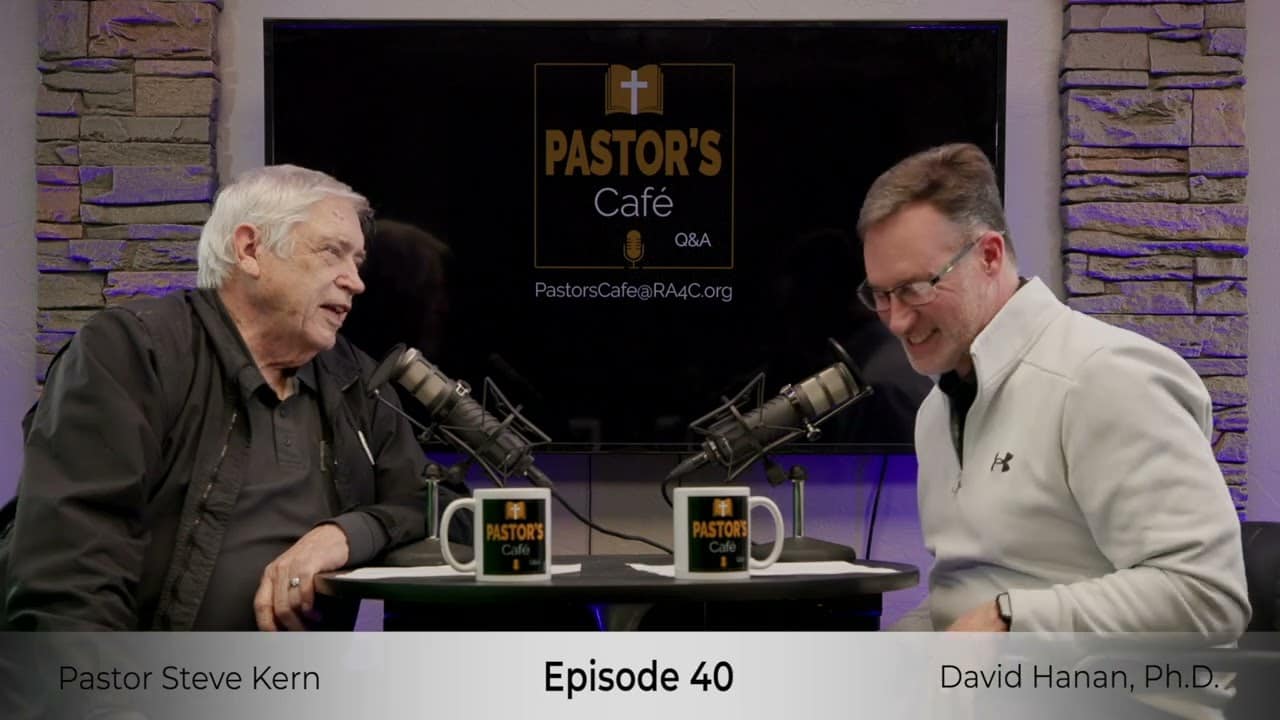 Pastors training session at Liberty Pastors with two speakers in a podcast studio.
