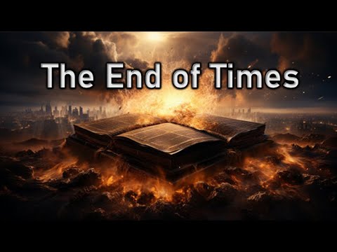 Open Bible with fiery background and "The End of Times" text, symbolizing prophecy and eschatology.