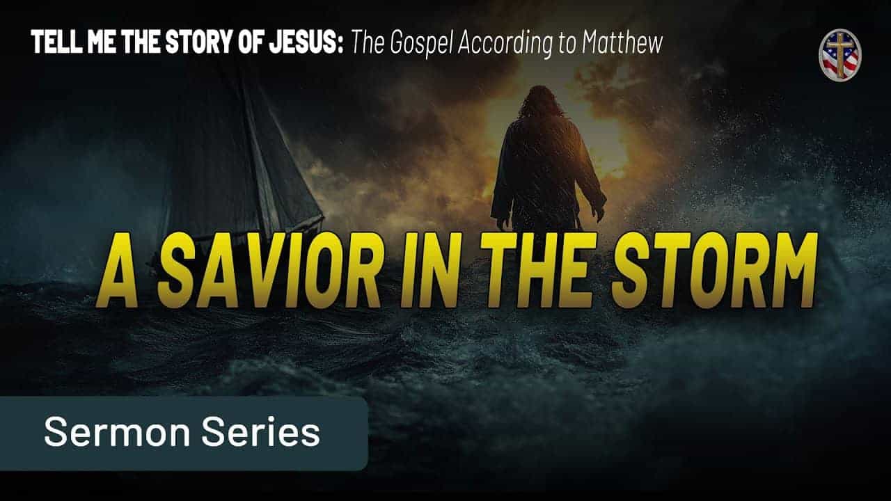 Image of a person walking through a stormy sea with a cross in the background, symbolizing faith dur.