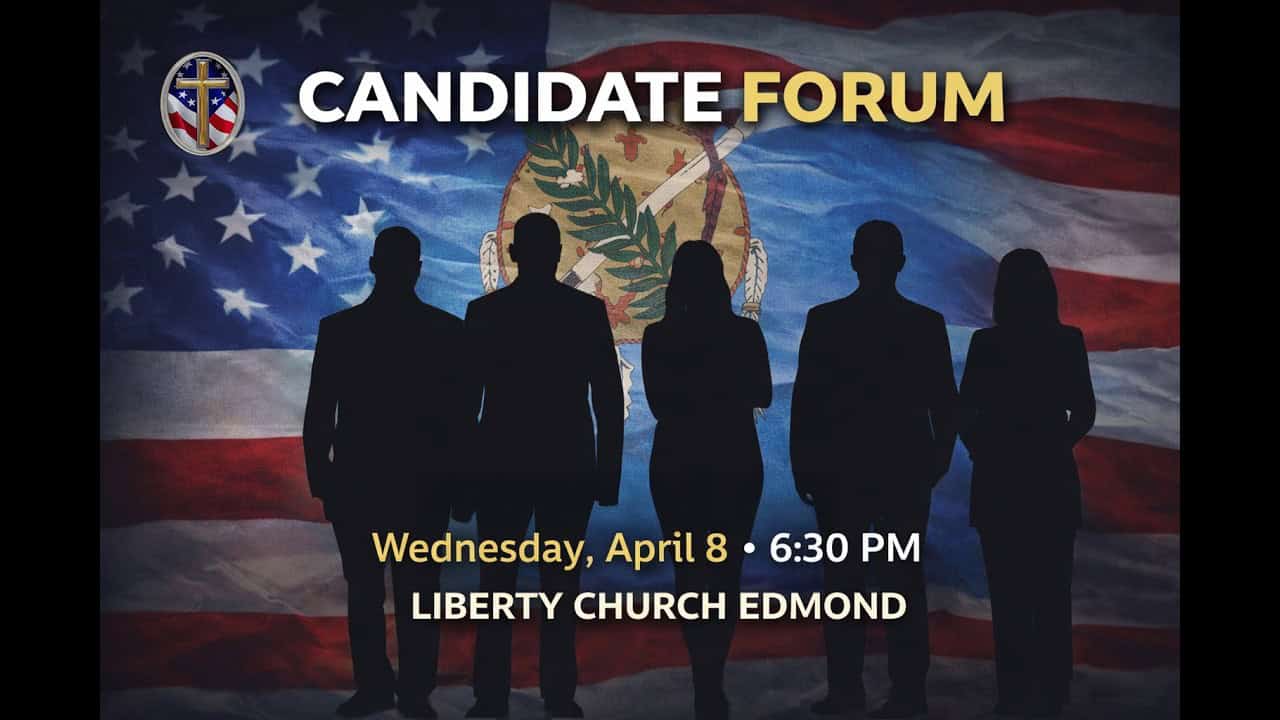 Group of diverse candidates standing in front of American flag for Liberty Pastors Candidate Forum.