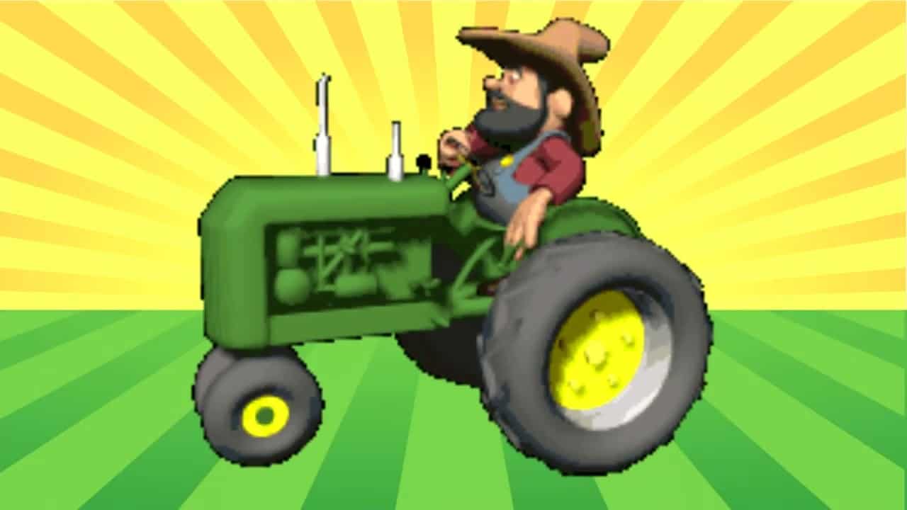 Cartoon farmer driving a green tractor during Liberty Pastors Training event.
