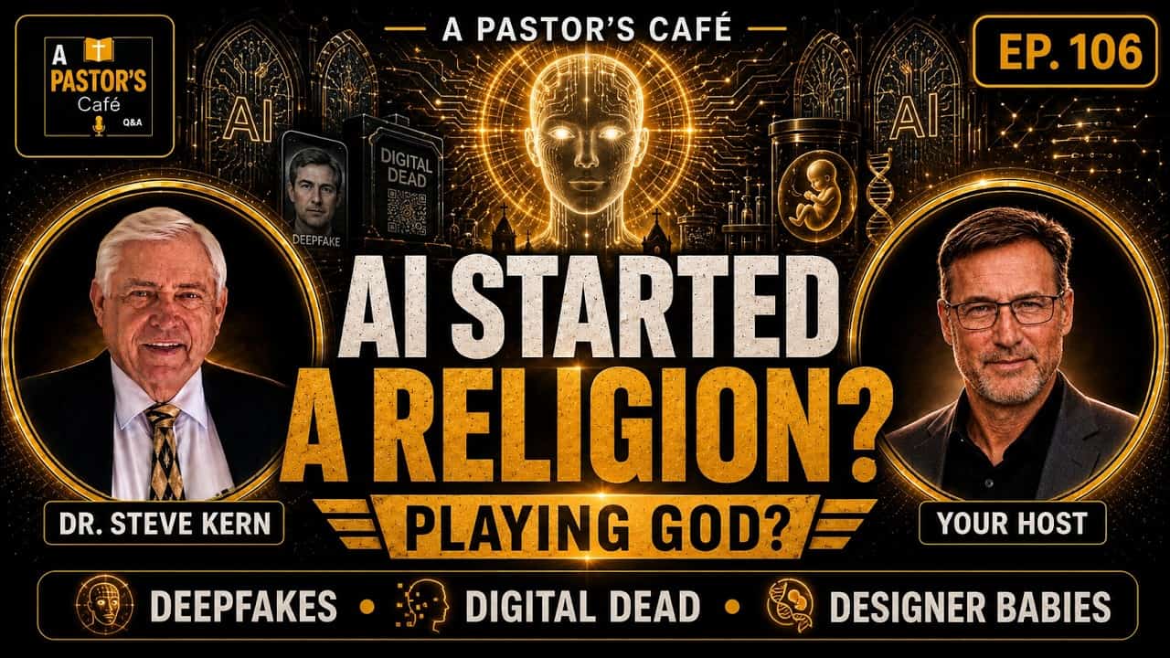 Podcast cover image with AI, religion, and digital themes for Pastor's Cafe episode 106.
